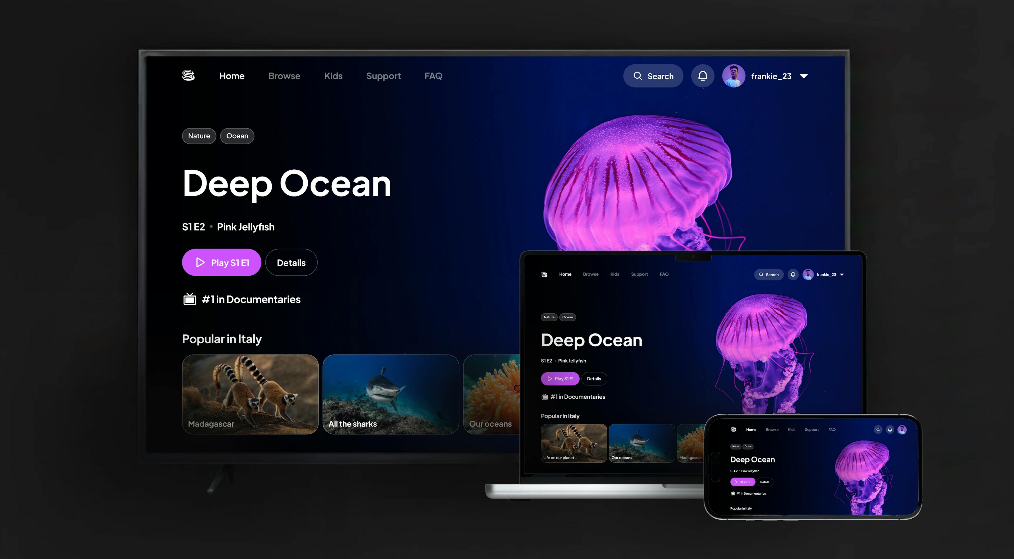 Streaming platform interface showing a documentary movie displayed across multiple devices: a TV, laptop, and smartphone.