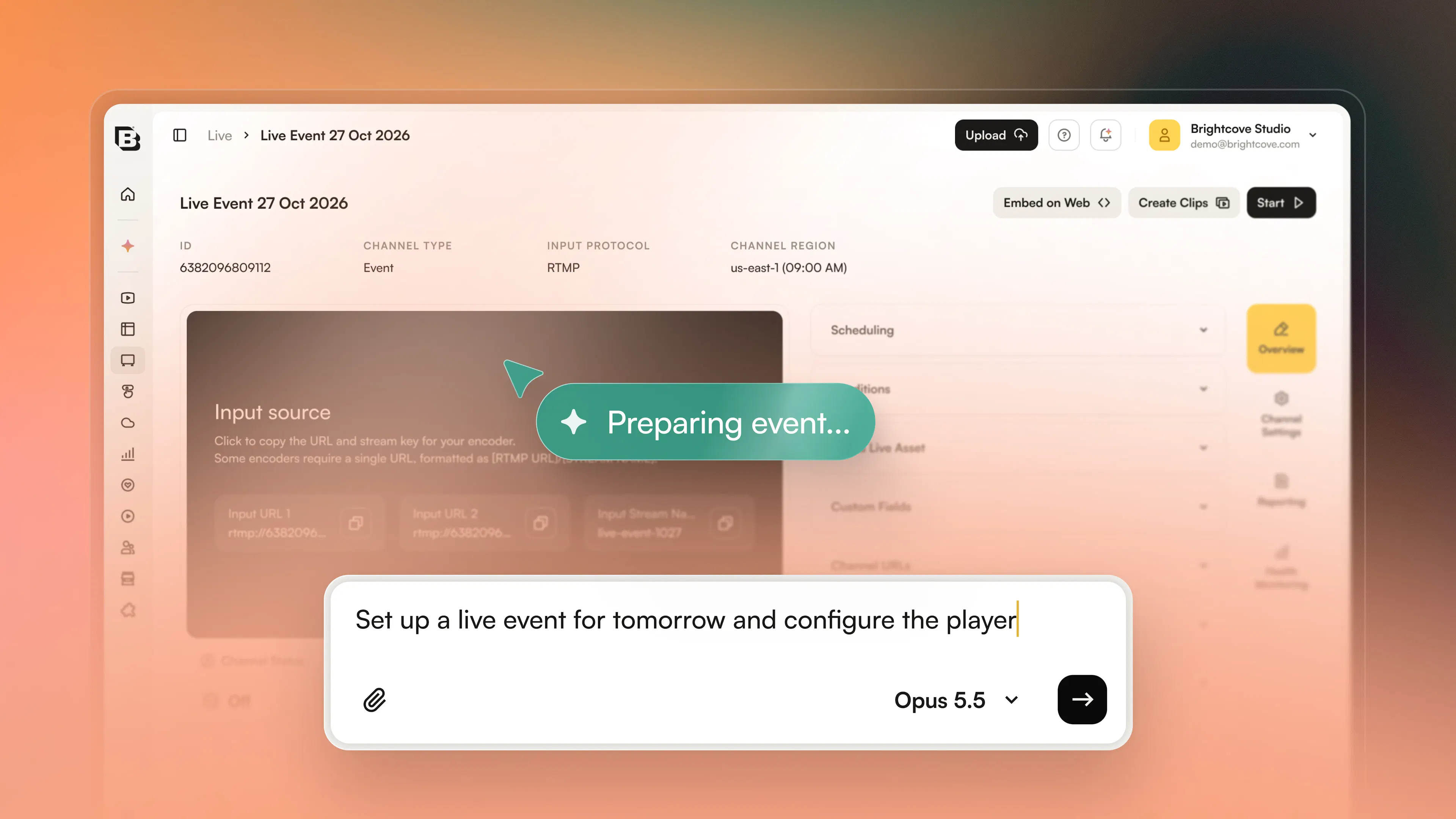 Agentic Hub preparing a live event and configuring the player in Brightcove