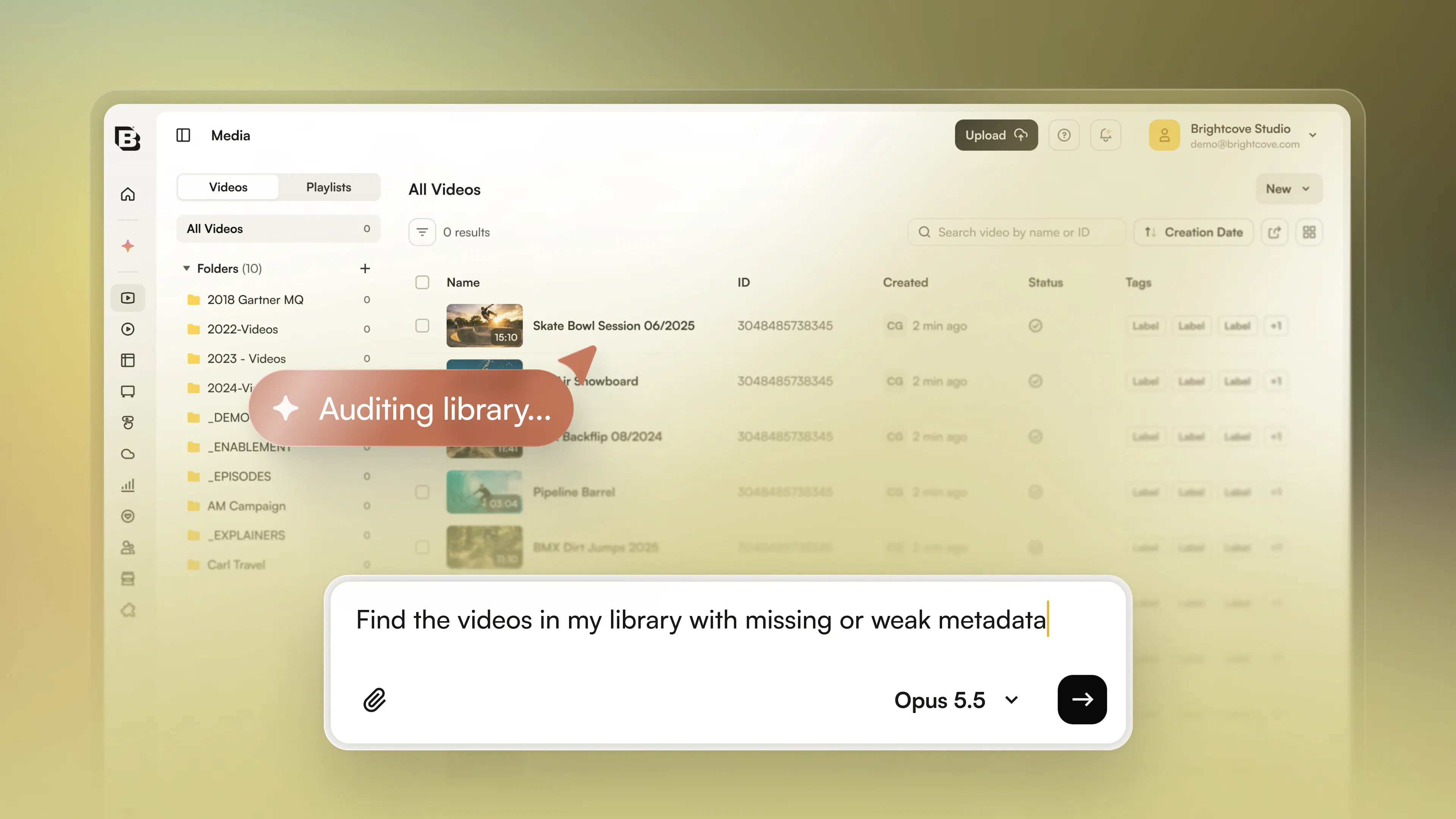 Agentic Hub auditing the Brightcove video library for missing or weak metadata