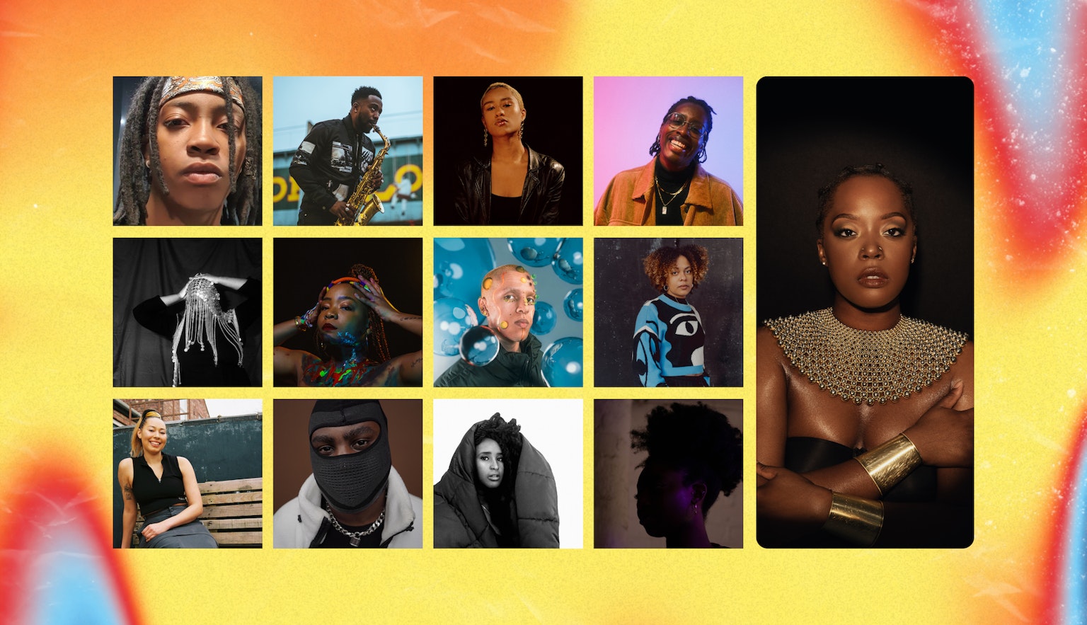 12 square headshots positioned 3 up by 4 across of the artists taking part in Afro Energy. To the right in a rectangle the height of 3 squares up is Karen Nyame KG's headshot. All photos sit on a heatwave background fluctuating between yellow, orange, red and blue.