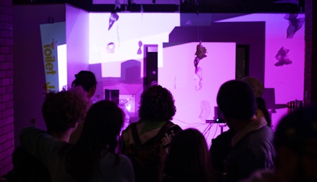 Audience members looking at the Self, Sense, Space installation.