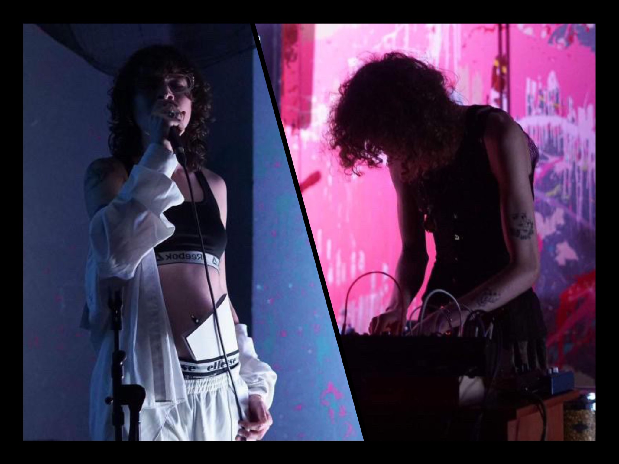 A double shot of SKID and Eve Kearton, also known as SKIDNEVE, performing on stage. One has a microphone, another is fiddling with audio equipment.