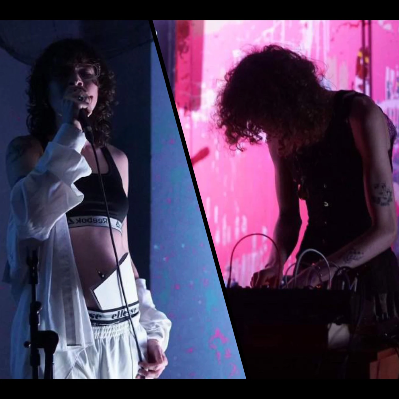 A double shot of SKID and Eve Kearton, also known as SKIDNEVE, performing on stage. One has a microphone, another is fiddling with audio equipment.