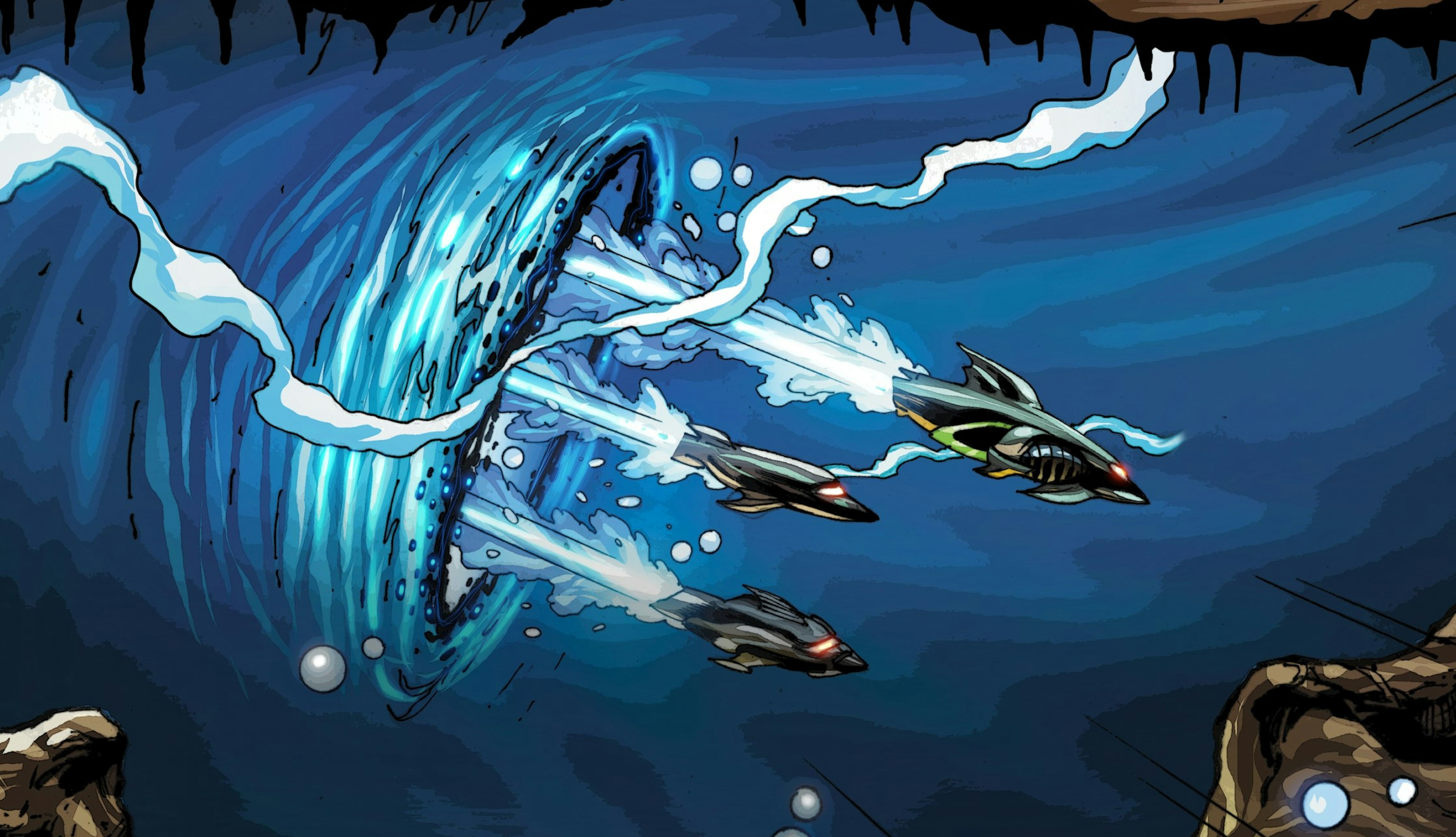 Artwork of the Drexciyan Empire by artist AbuQadim Haqq. It depicts an under ocean scene where black shark shaped underwater ships are descending into the depths from a vortex in the water. Above and below are domes/bubbles attached to the earth. Inside one is a city which represents part of the Drexciyan Empire.