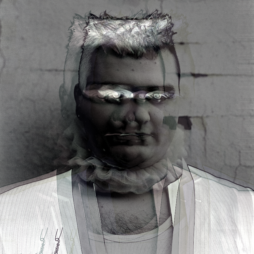 A headshot of Vision 25-C with a negative black and white filter over the top. Vision 25-C is distorted slightly using a glitch effect.