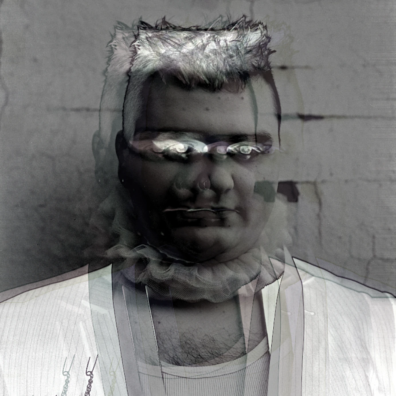 A headshot of Vision 25-C with a negative black and white filter over the top. Vision 25-C is distorted slightly using a glitch effect.