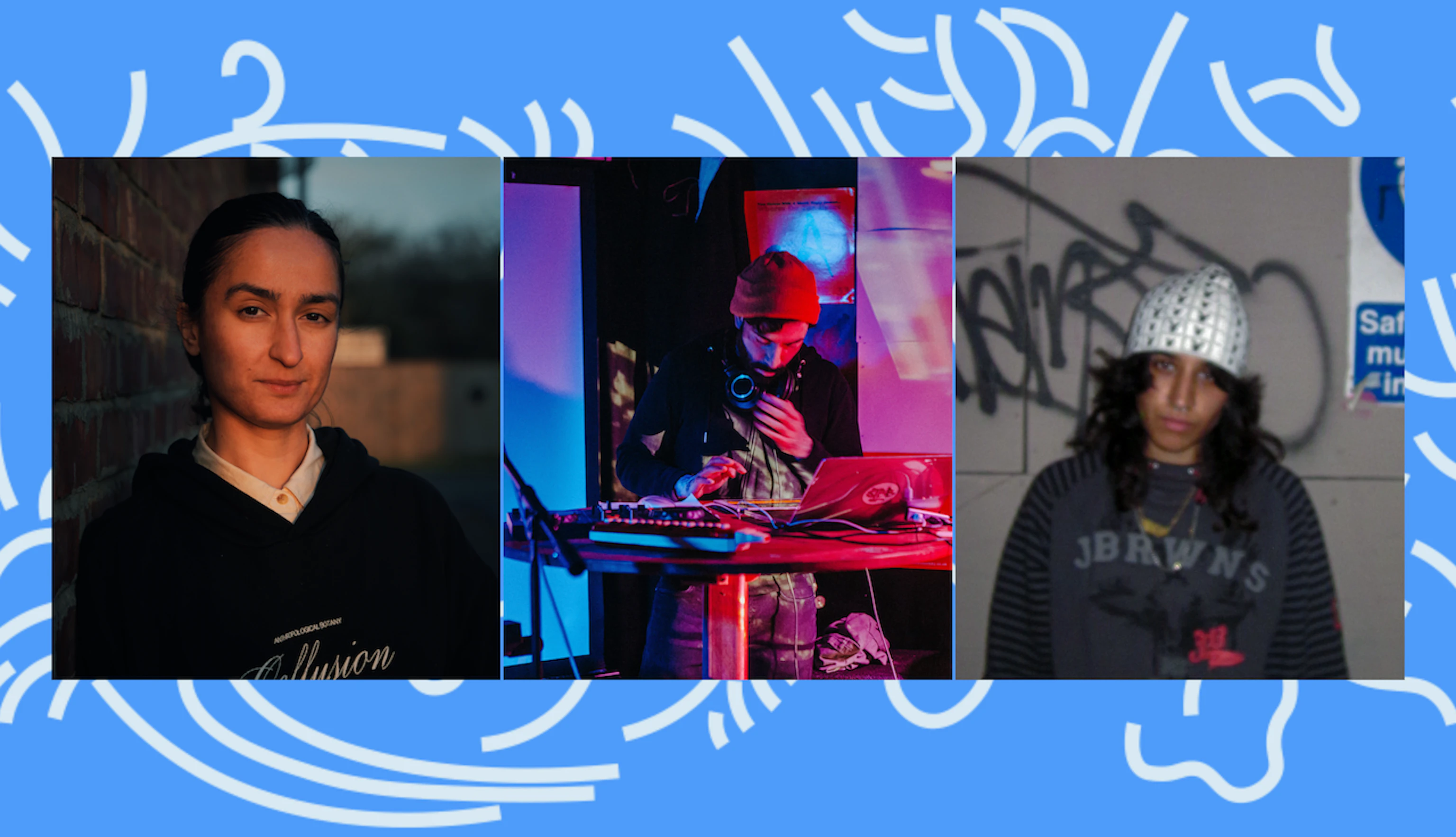 Headshots of Hu-Sane, Astrolayb and m3UNTITLED on a light blue background with a white illustration peaking through.