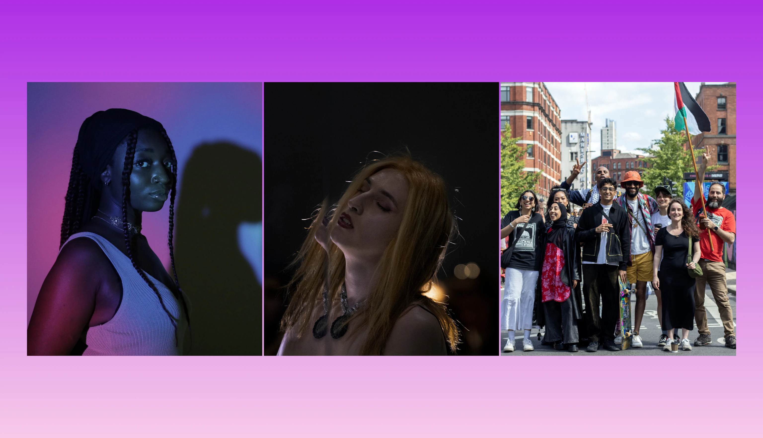 Photos of SCAPA, Phoenix Rousiamanis and MCR4PAL on a purple and pink gradient background.