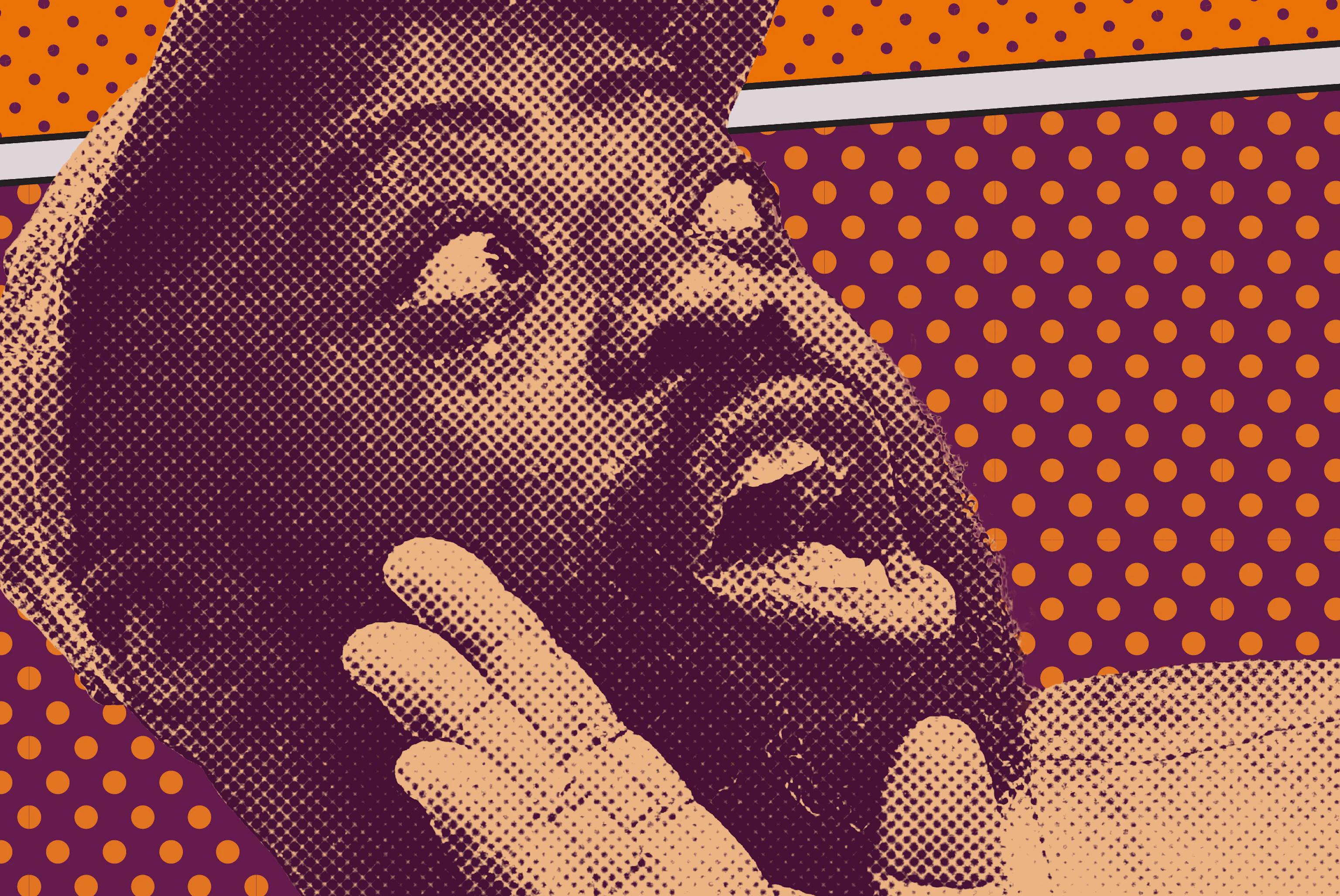 A cut-out graphic of Harold Offeh with an open palm to his open mouth. Beside him is a cartoon speech bubble which contains the text 'Let's Talk About Chemsex!'. Behind Harold are four different pop-art backgrounds all in orange, beige and purple colours.