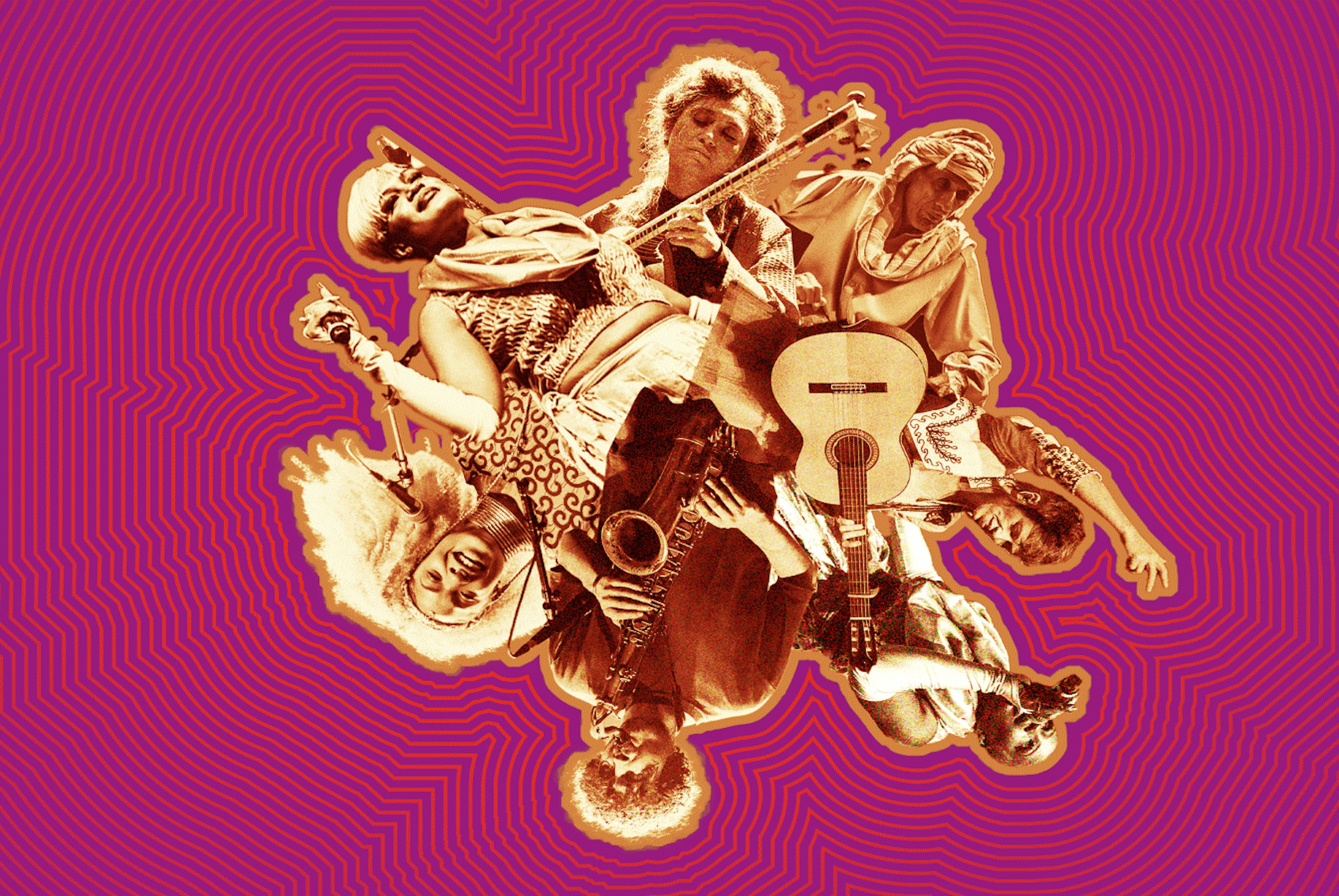 A graphic image with a purple background and orange coloured collage of different musicians representing different musical styles and genres.
