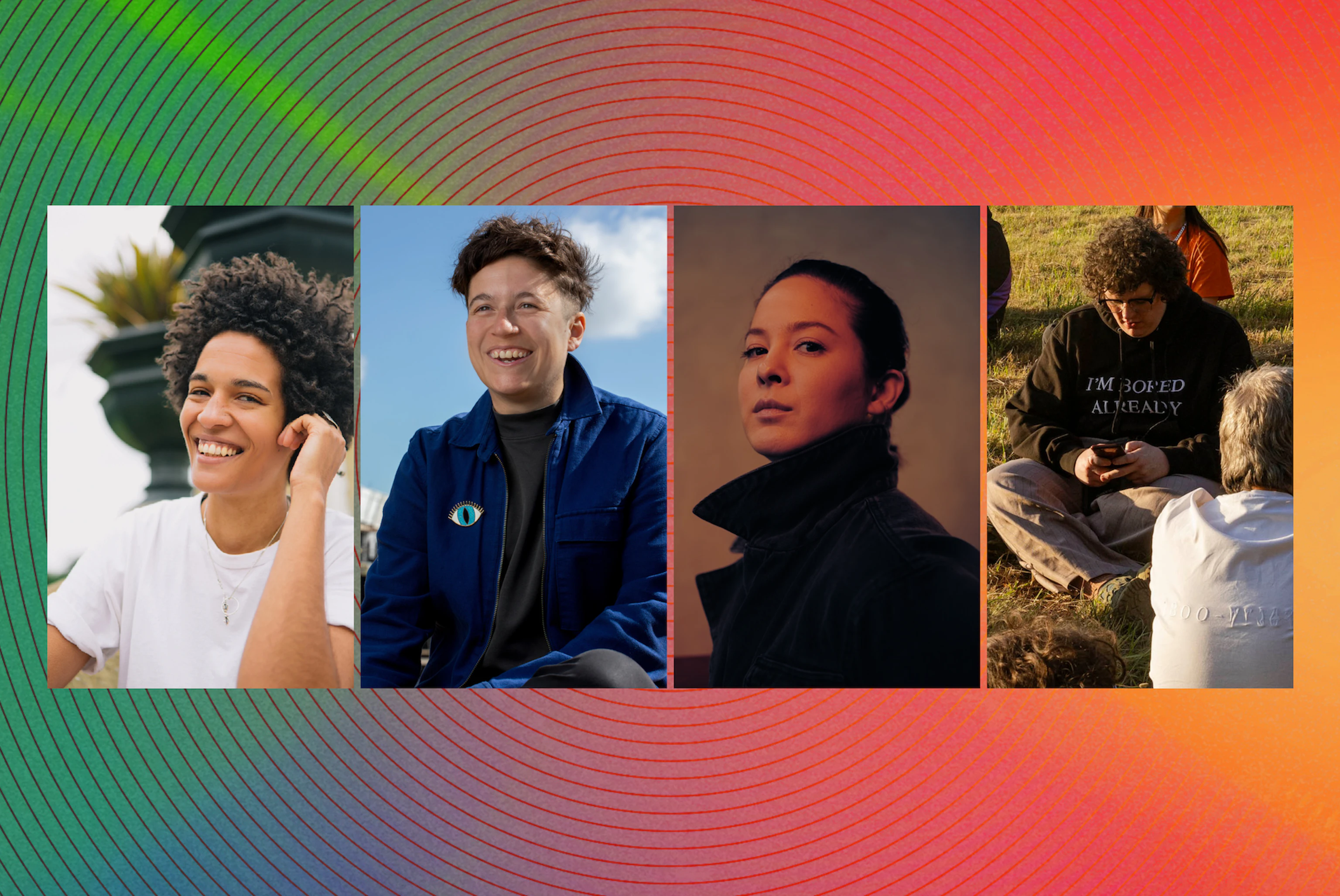 Headshots of Pops Roberts, Rivca Burns, Jasmin Kent Rodgman and Rebecca Shaw on a multicoloured background with circular indents representing a vinyl record.