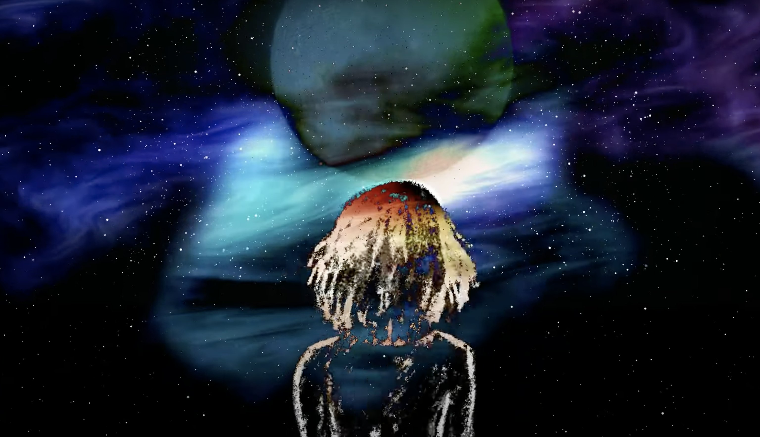 A still of Alexis Maxwell's visuals created for the Delia Derbyshire Day 2023 Commission. The still shows an outline of a sketched woman facing out into space.