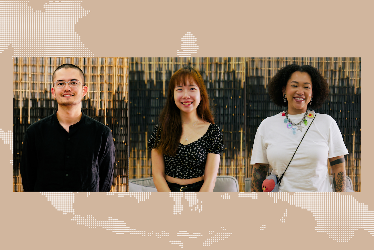 Promotional shots of the Here to Remember commissioned artists in three squares lined up next to each other on a beige background that includes a faint outline of the East and Southeast Asian map.