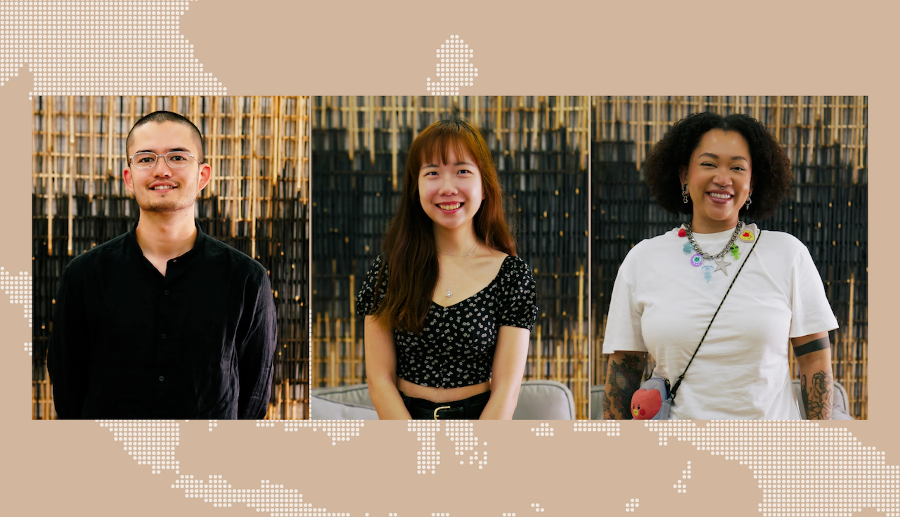 Promotional shots of the Here to Remember commissioned artists in three squares lined up next to each other on a beige background that includes a faint outline of the East and Southeast Asian map.