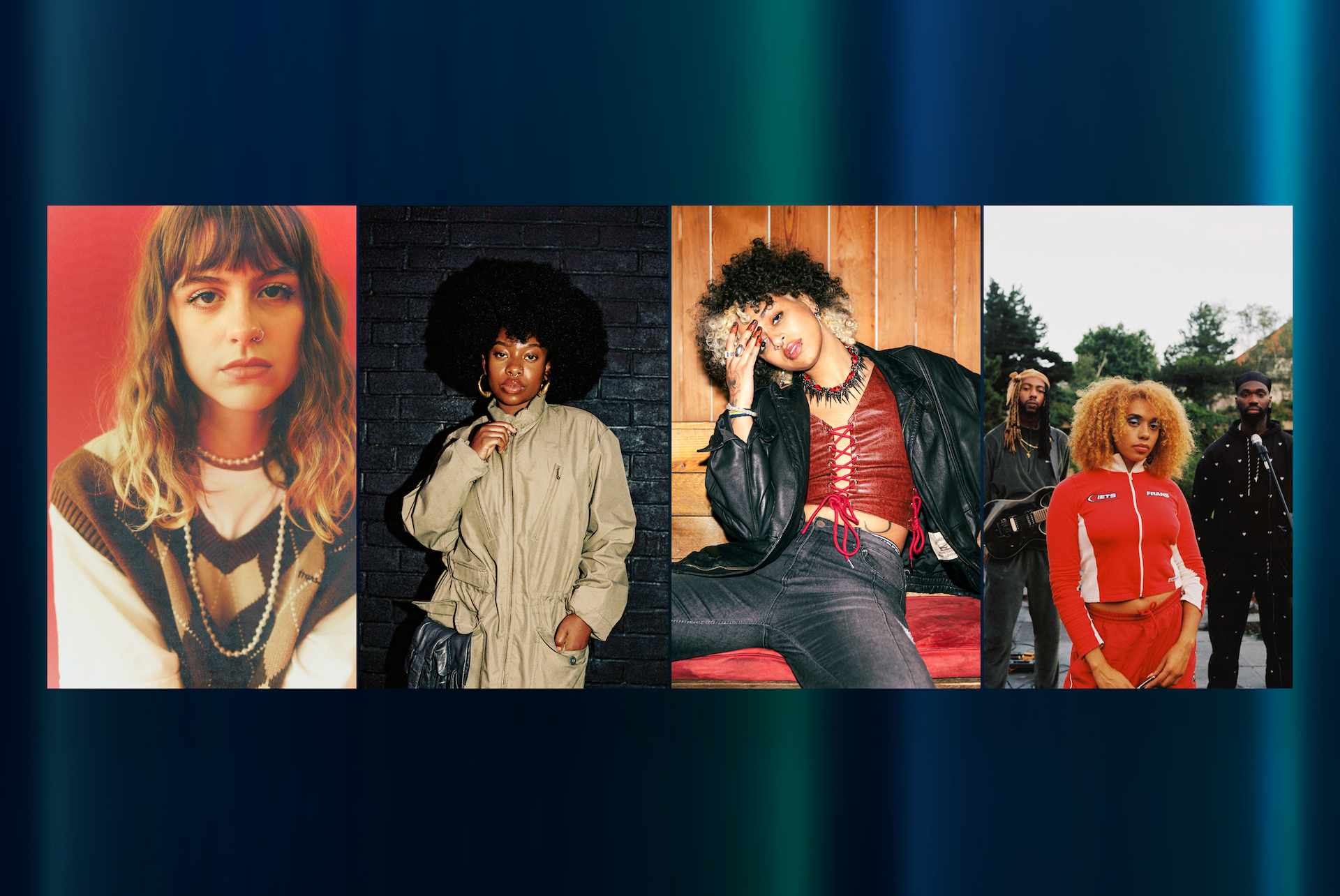 Press shots of Chloe Slater, Meduulla, Nxdia and Third Kulture in that order from left to right on a blue/green background.