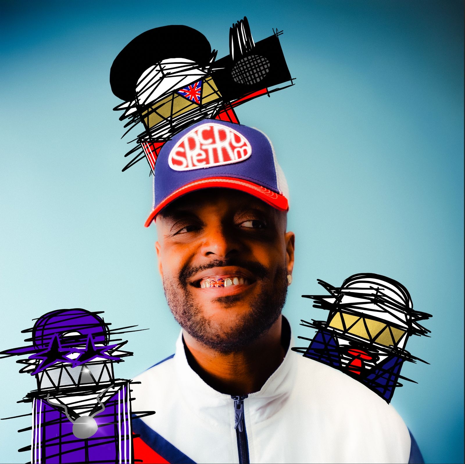 Donae’O smiling to camera surrounded by three cartoon drawings of people with sharp teeth.