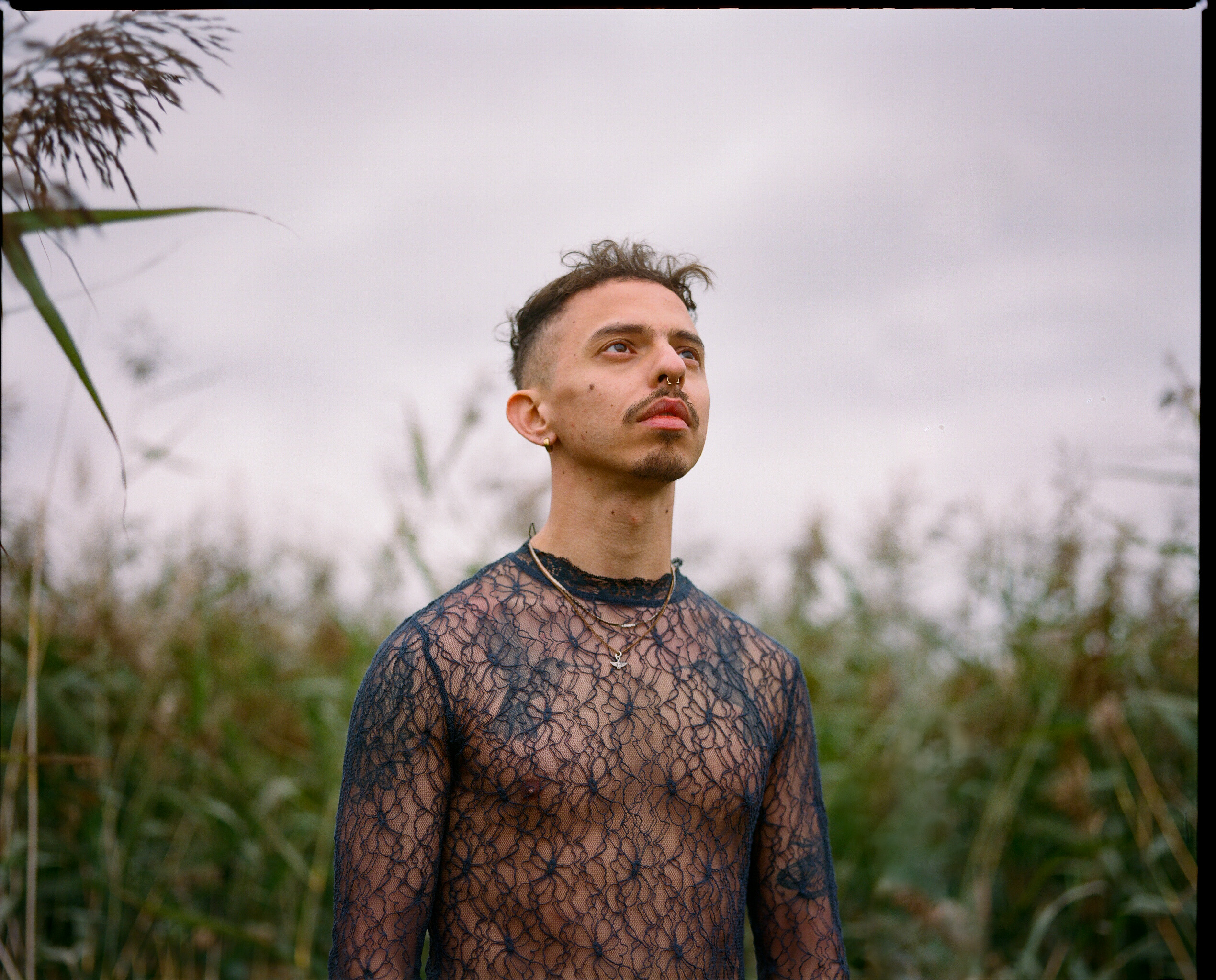 Pansy Bbes stood in long grass looking pensively off into the air and dressed in a see-through translucent mesh top in dark blue.