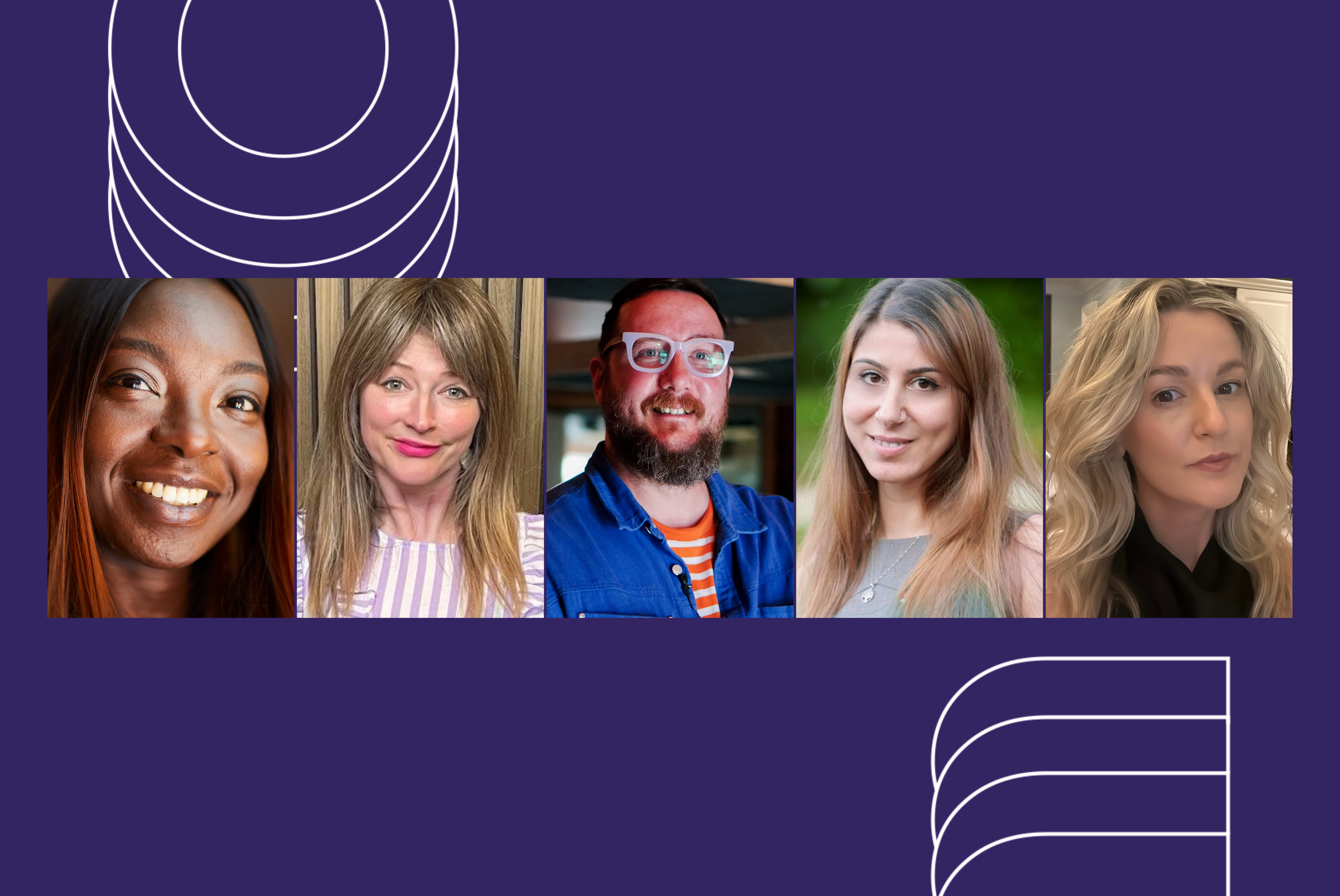 A purple background with 5 images in a row (left to right) - AFRODEUTSCHE, Amalie Briden, Phill Howley, Dr Roaa Ali, Sarah Biggerstaff