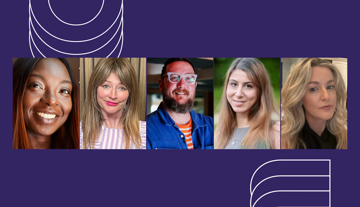 A purple background with 5 images in a row (left to right) - AFRODEUTSCHE, Amalie Briden, Phill Howley, Dr Roaa Ali, Sarah Biggerstaff