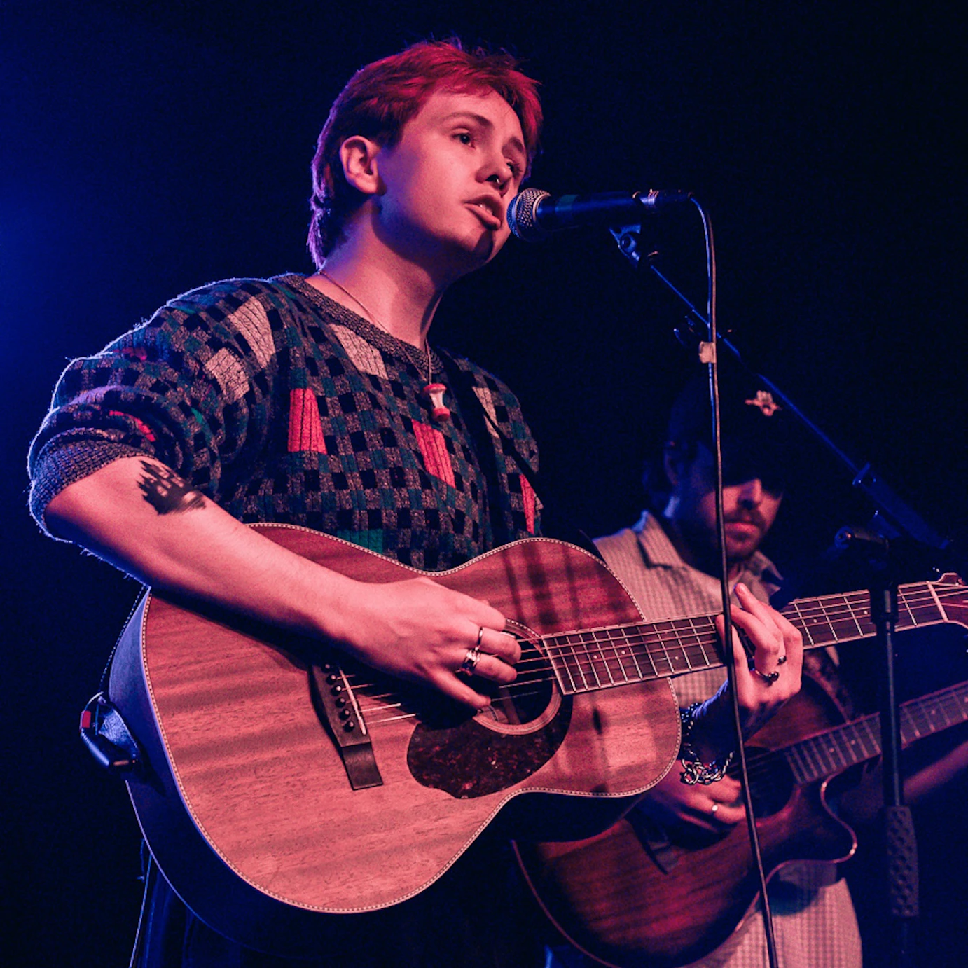 Musician with a guitar and a mic.