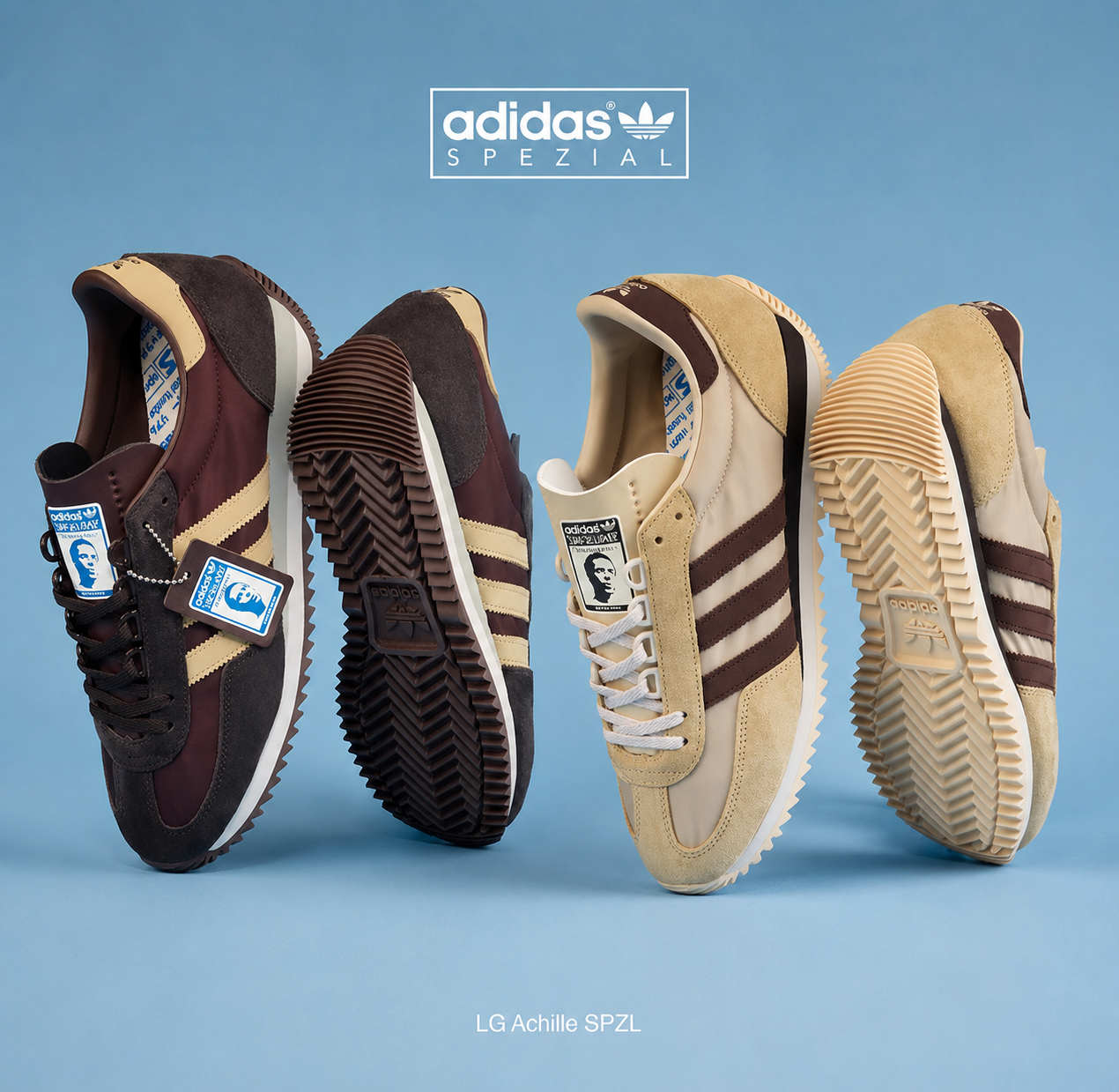 An image of two different Editions of the Liam Gallagher Achille SPZL trainers. On the right is a pair of the dark brown Japanese-exclusive Edition. On the left is a pair of the UK Edition in stone khaki.