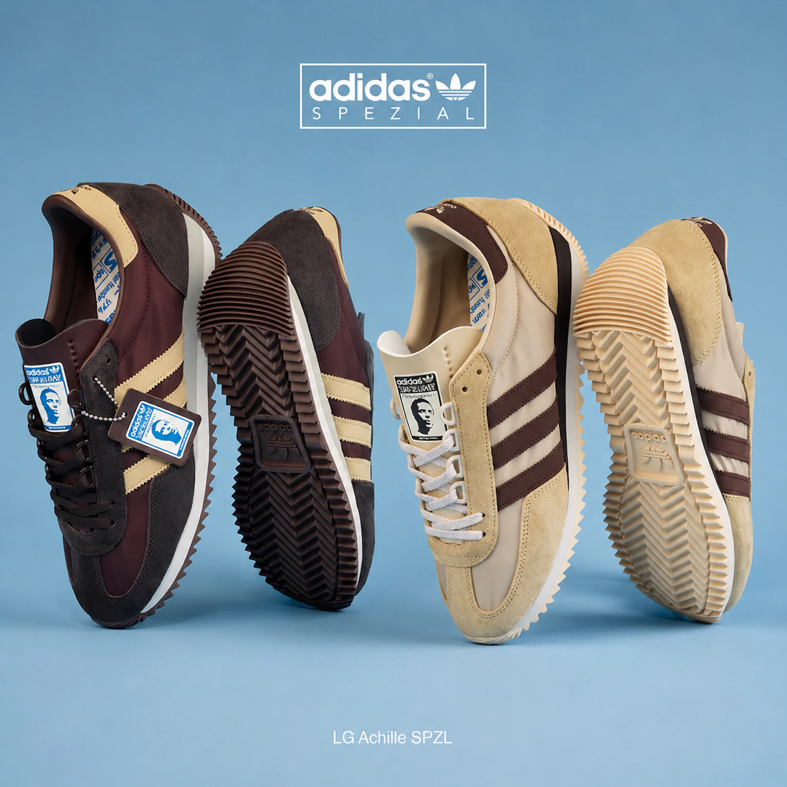 An image of two different Editions of the Liam Gallagher Achille SPZL trainers. On the right is a pair of the dark brown Japanese-exclusive Edition. On the left is a pair of the UK Edition in stone khaki.
