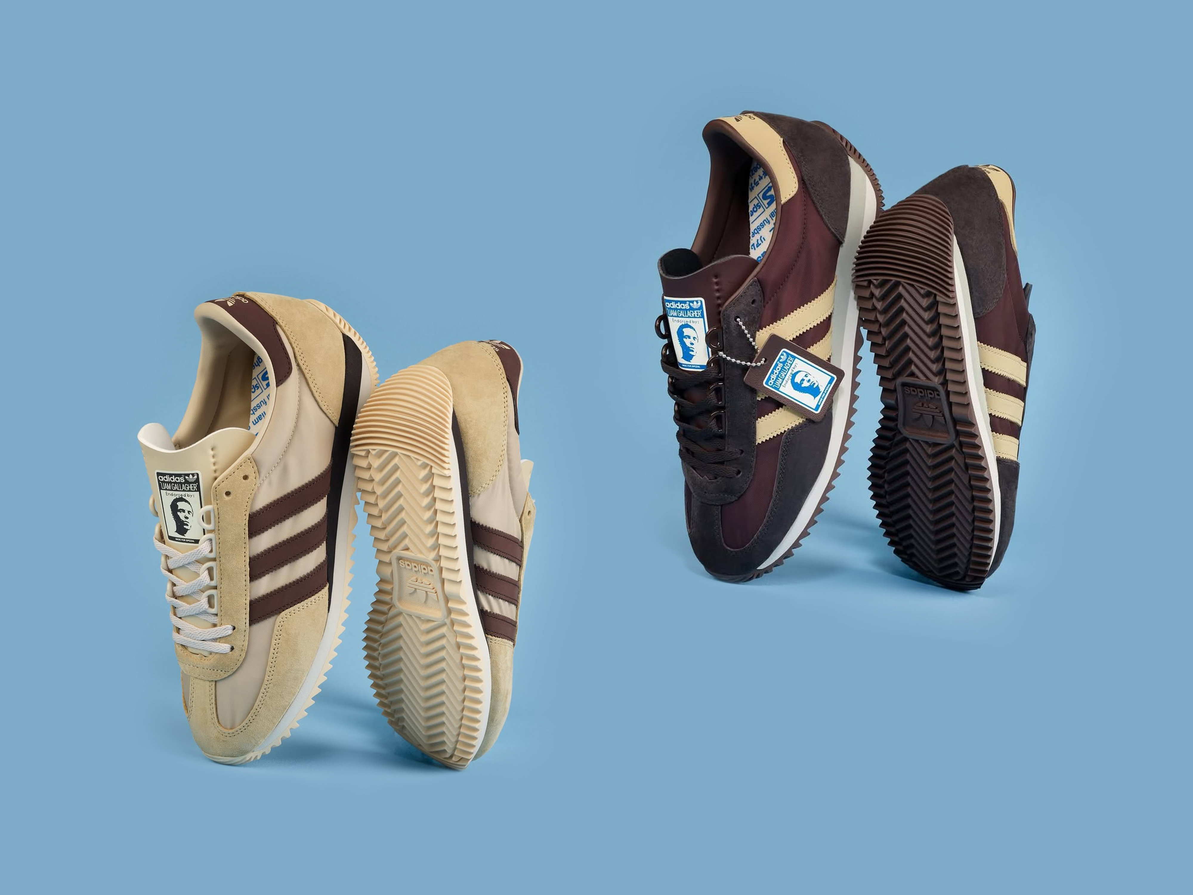 An image of two different Editions of the Liam Gallagher Achille SPZL trainers. On the right is a pair of the dark brown Japanese-exclusive Edition. On the left is a pair of the UK Edition in stone khaki.