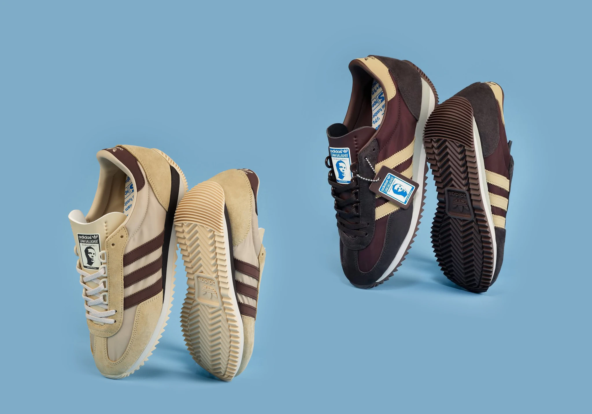 An image of two different Editions of the Liam Gallagher Achille SPZL trainers. On the right is a pair of the dark brown Japanese-exclusive Edition. On the left is a pair of the UK Edition in stone khaki.