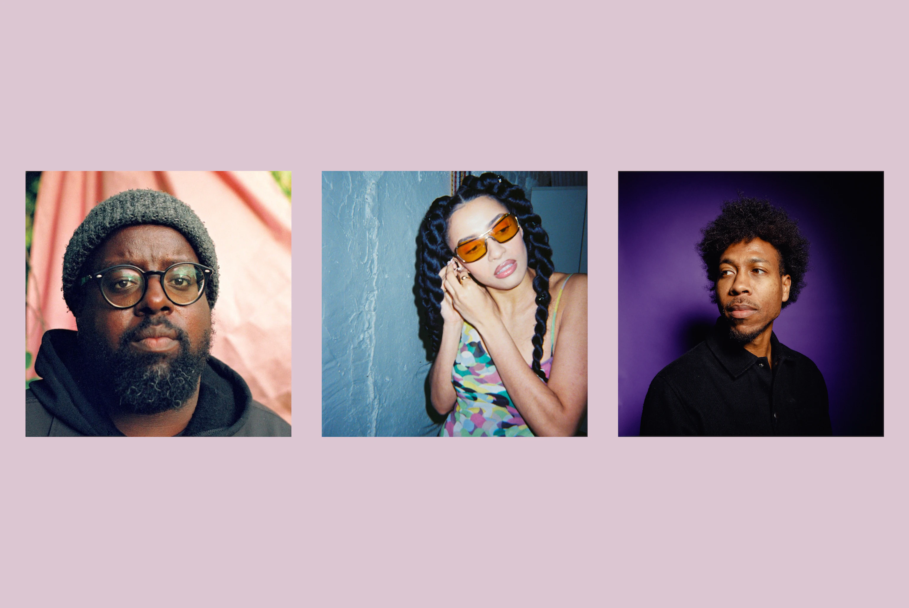 Square headshots of Daudi Matsiko, Mia Koden and Obeka on a light burgundy background. Daudi is wearing glasses and a beanie, looking into the camera. Mia is fiddling with what could be an earring on her right ear. She's wearing orange tinted glasses and a multicoloured dress stood against a blue stone wall. Obeka looks off to his right on a purple background.