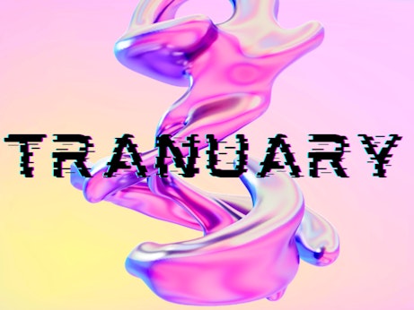 The TRANUARY logo on a pink and yellow background with a colourful 3D liquid graphic in the centre.