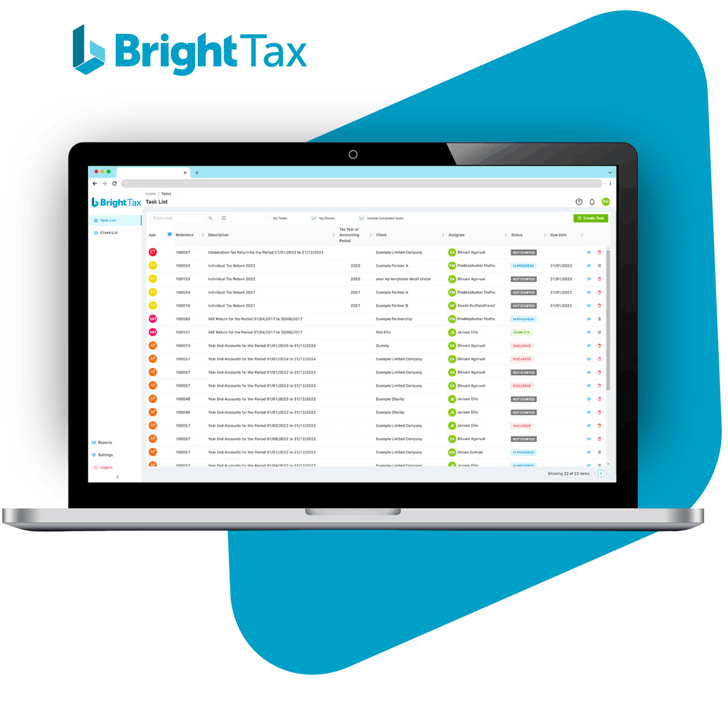 Screenshot of BrightTax tax software showing client management task list