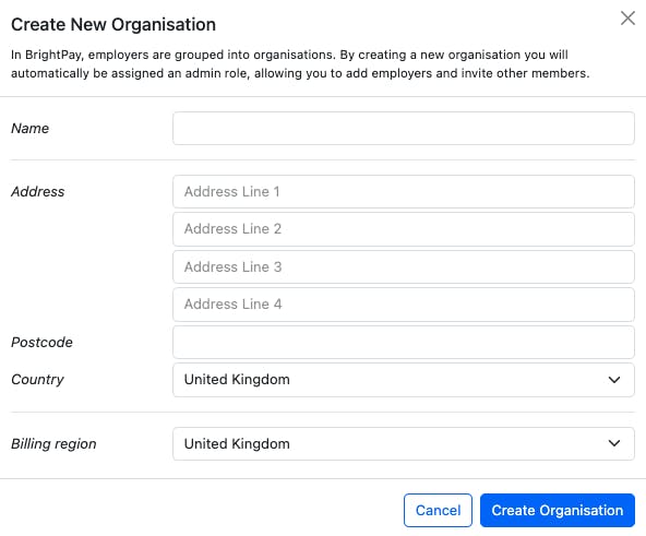 Create a new organisation in BrightPay