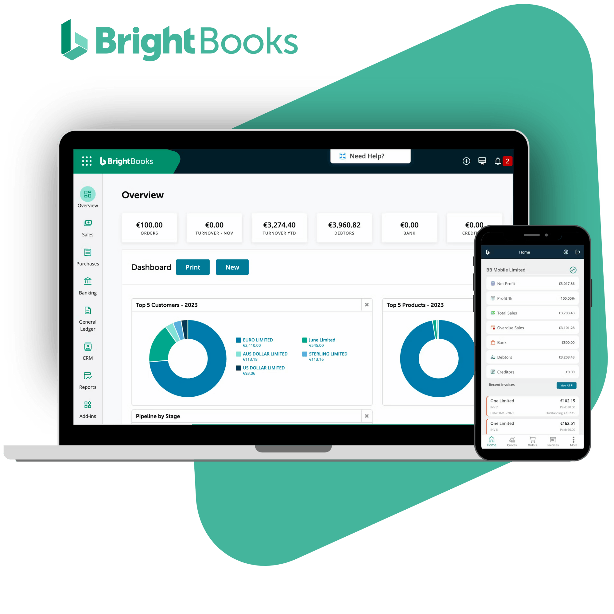 Screenshot of BrightBooks on a laptop and on a phone app