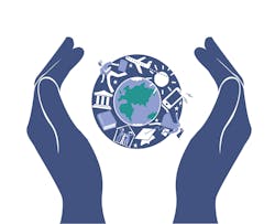 Bright world logo surrounded by hands