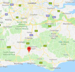 A map of West Sussex. A pin is highlighting the location of the Bright World Office in the village of Hurstpierpoint