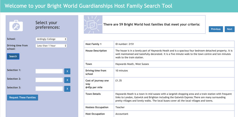 Bright World host family selection tool