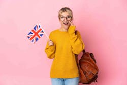 woman with British flag and bag