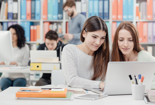 Various groups of students studying in a library