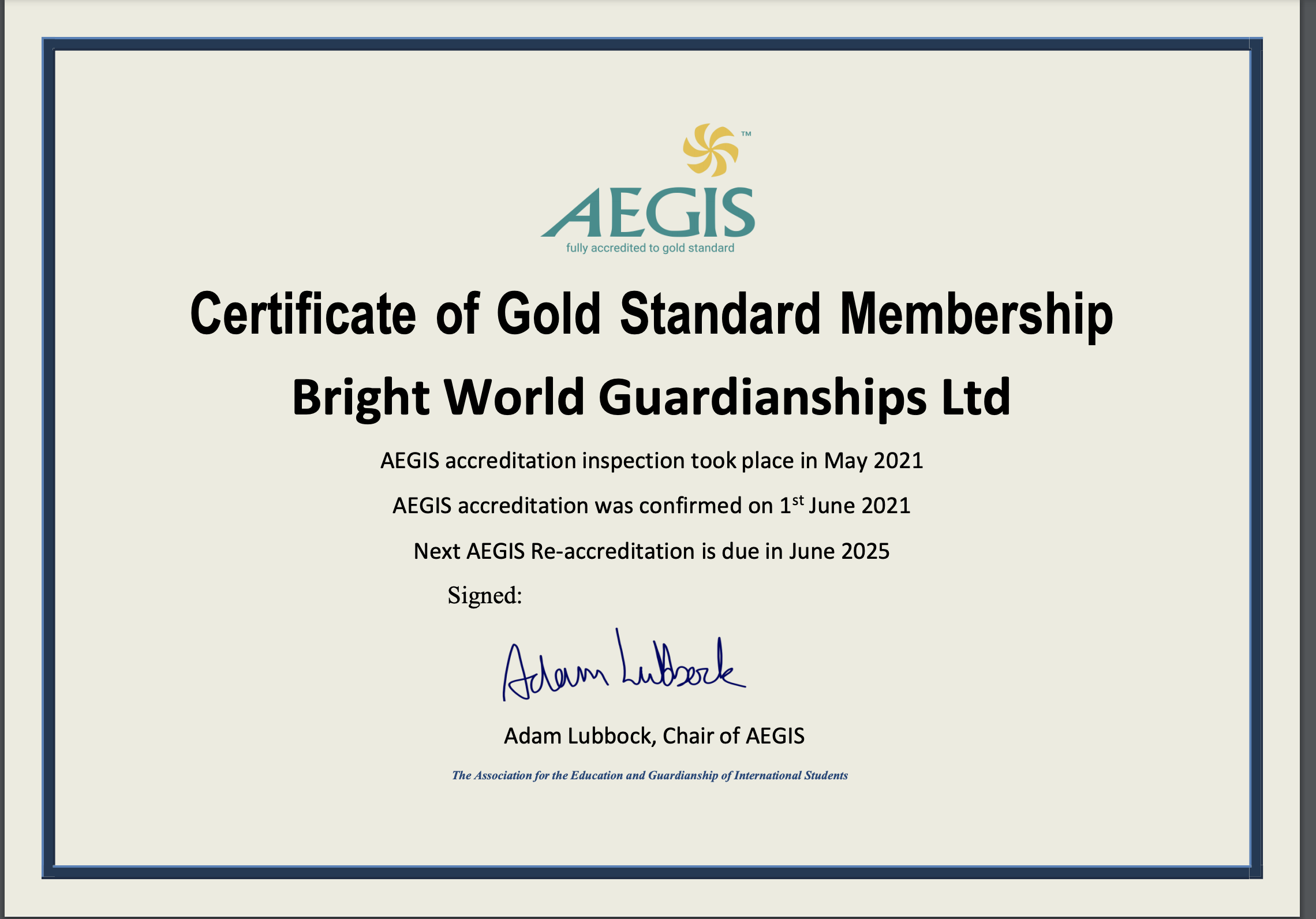 Bright World Guardianships AEGIS certificate 