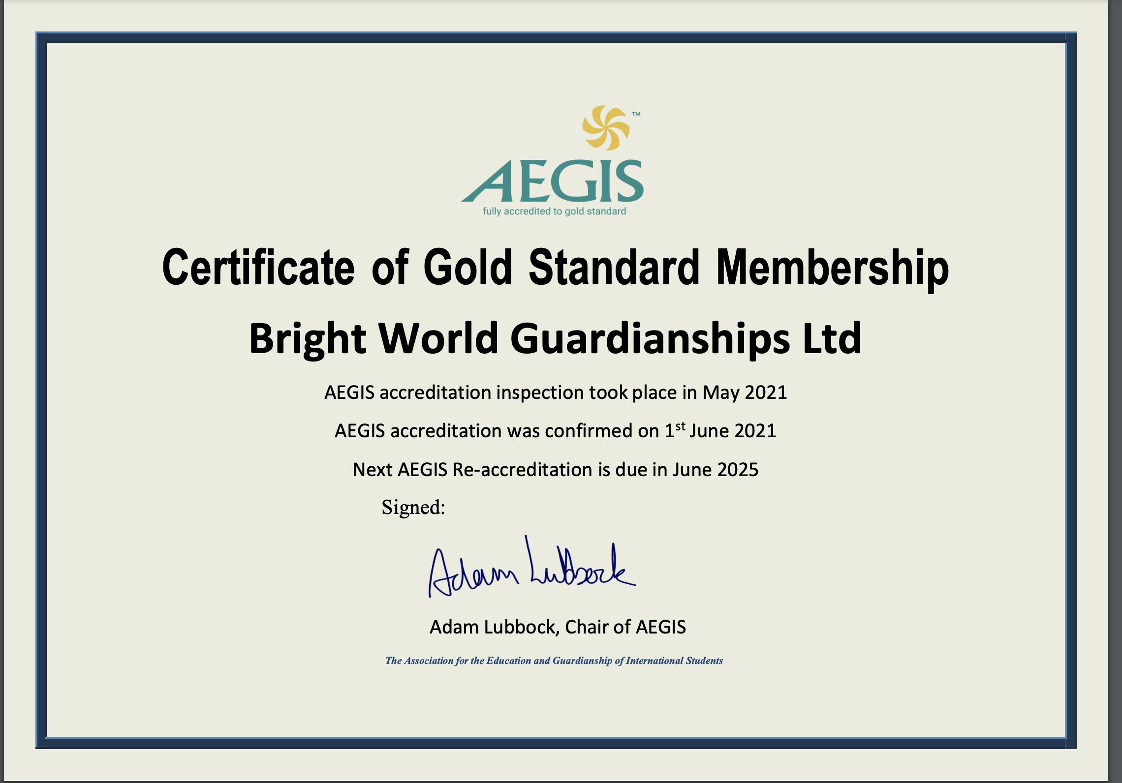 AEGIS re-accrediation certificate