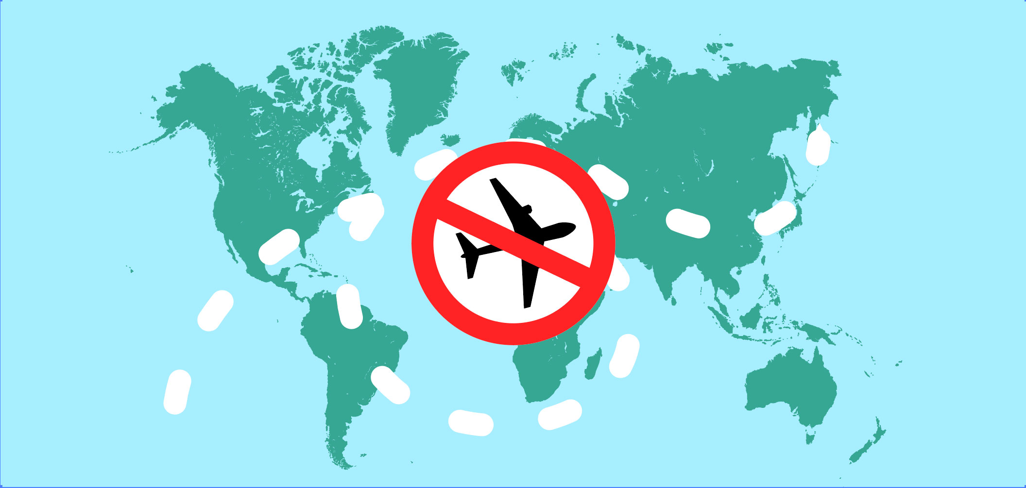 Illustration of a world map showing a flight path