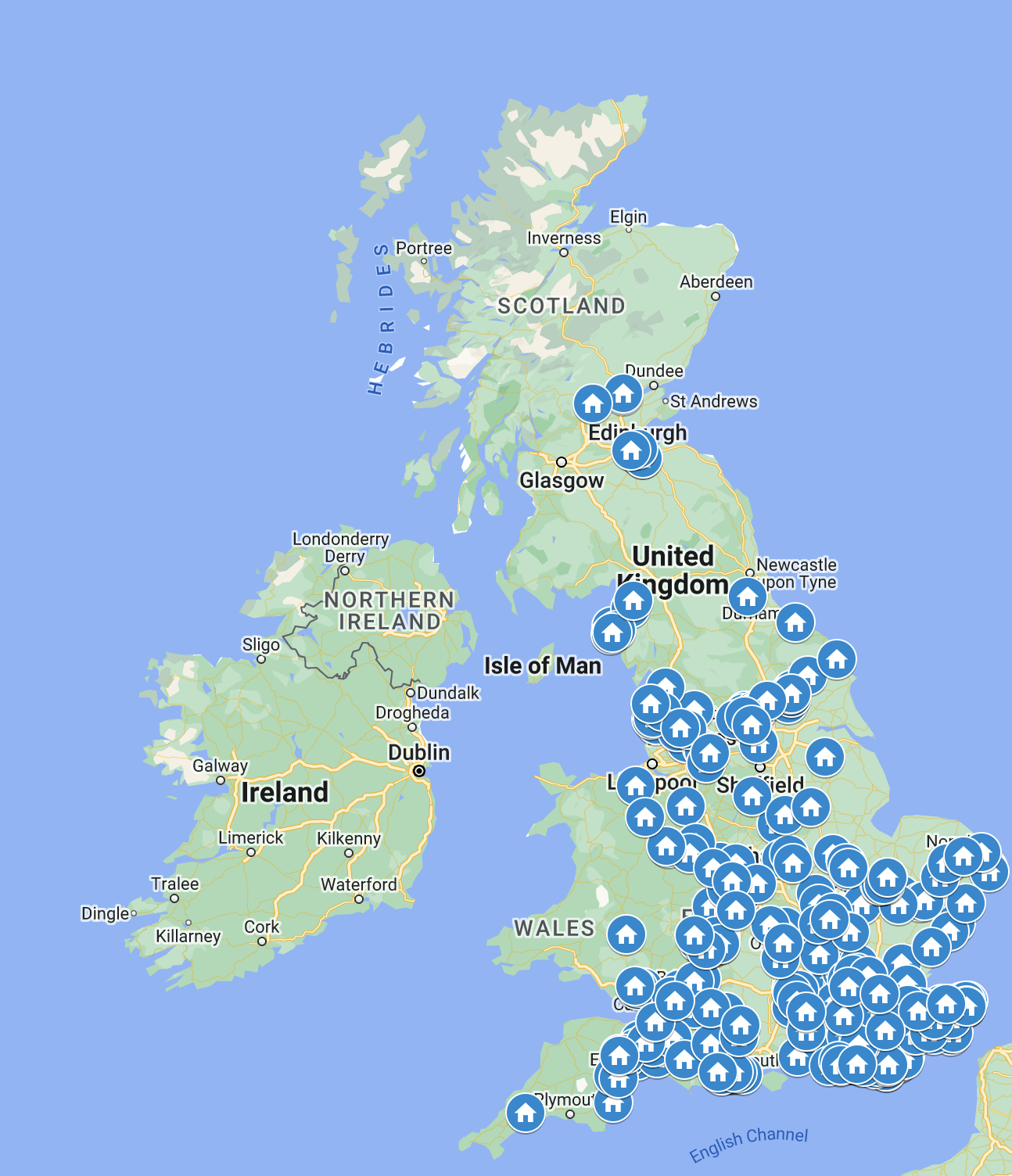 A map of the UK with icons indicating the location of our Host Families 