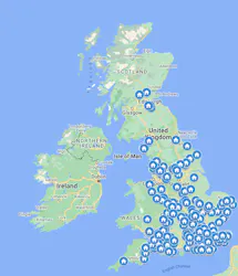 A map of the UK with icons indicating the location of our Host Families