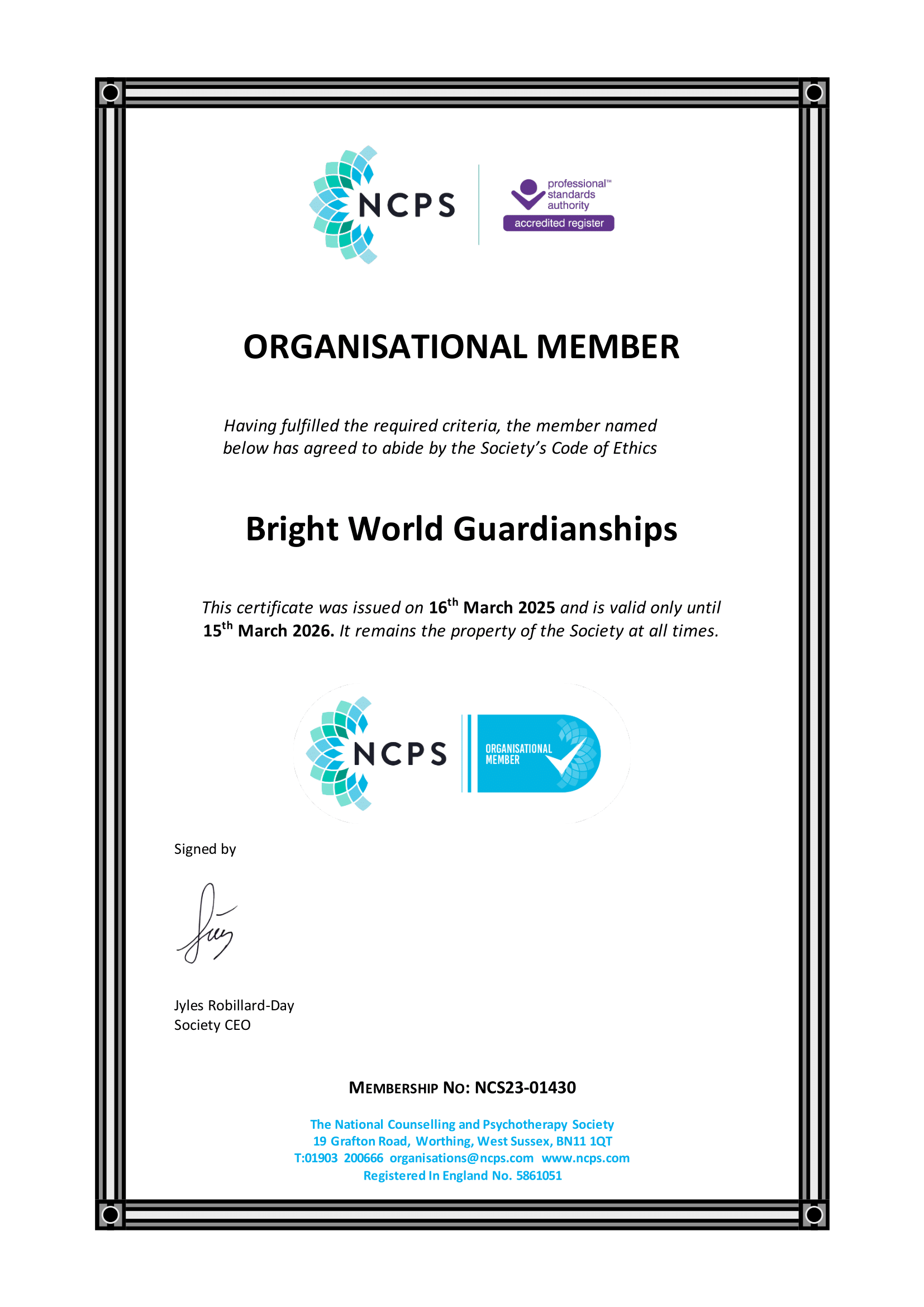 National Counselling & Psychotherapy Society Organisational Certificate
