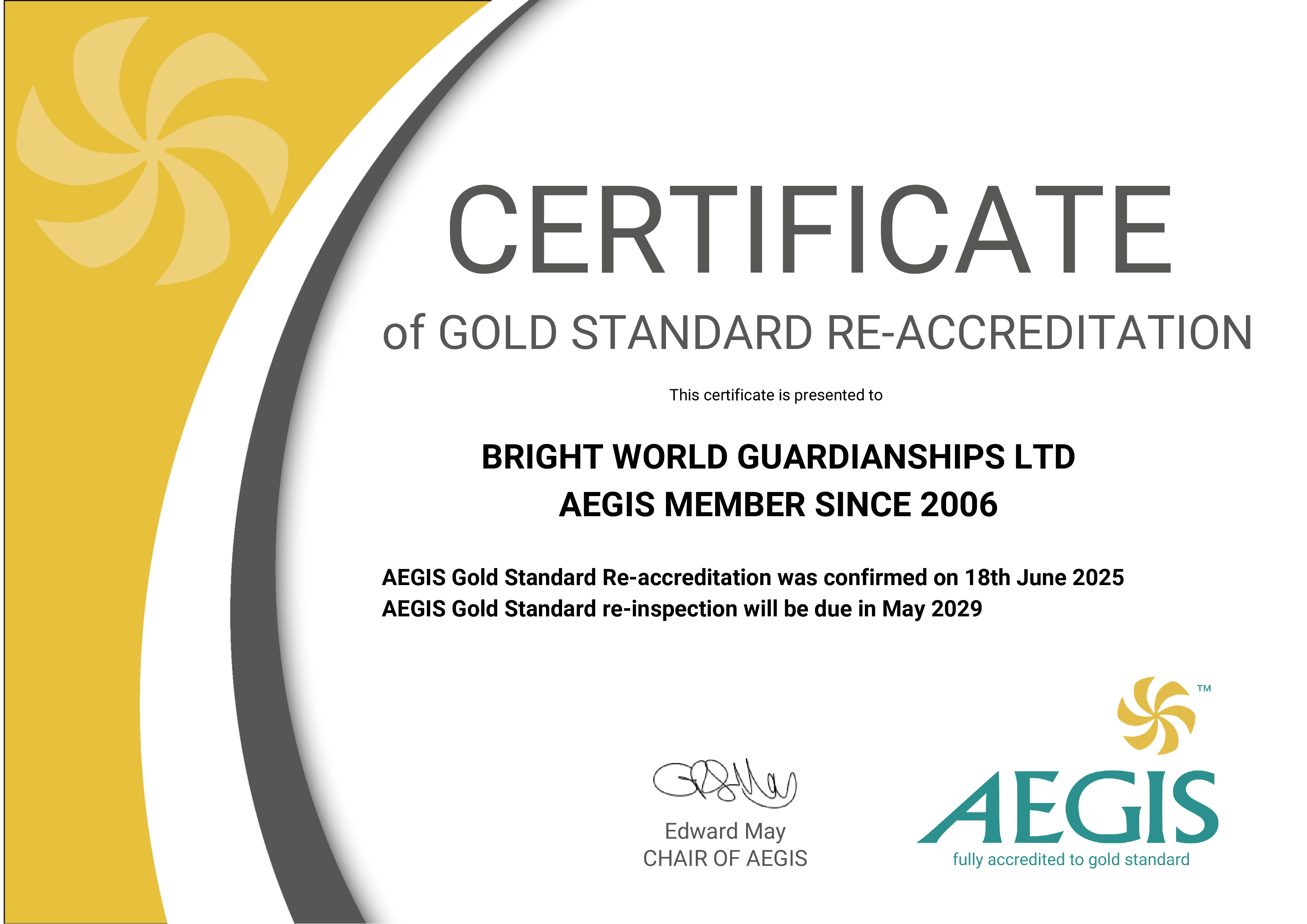 Bright World Gold Re-Accreditation Certificate 2025