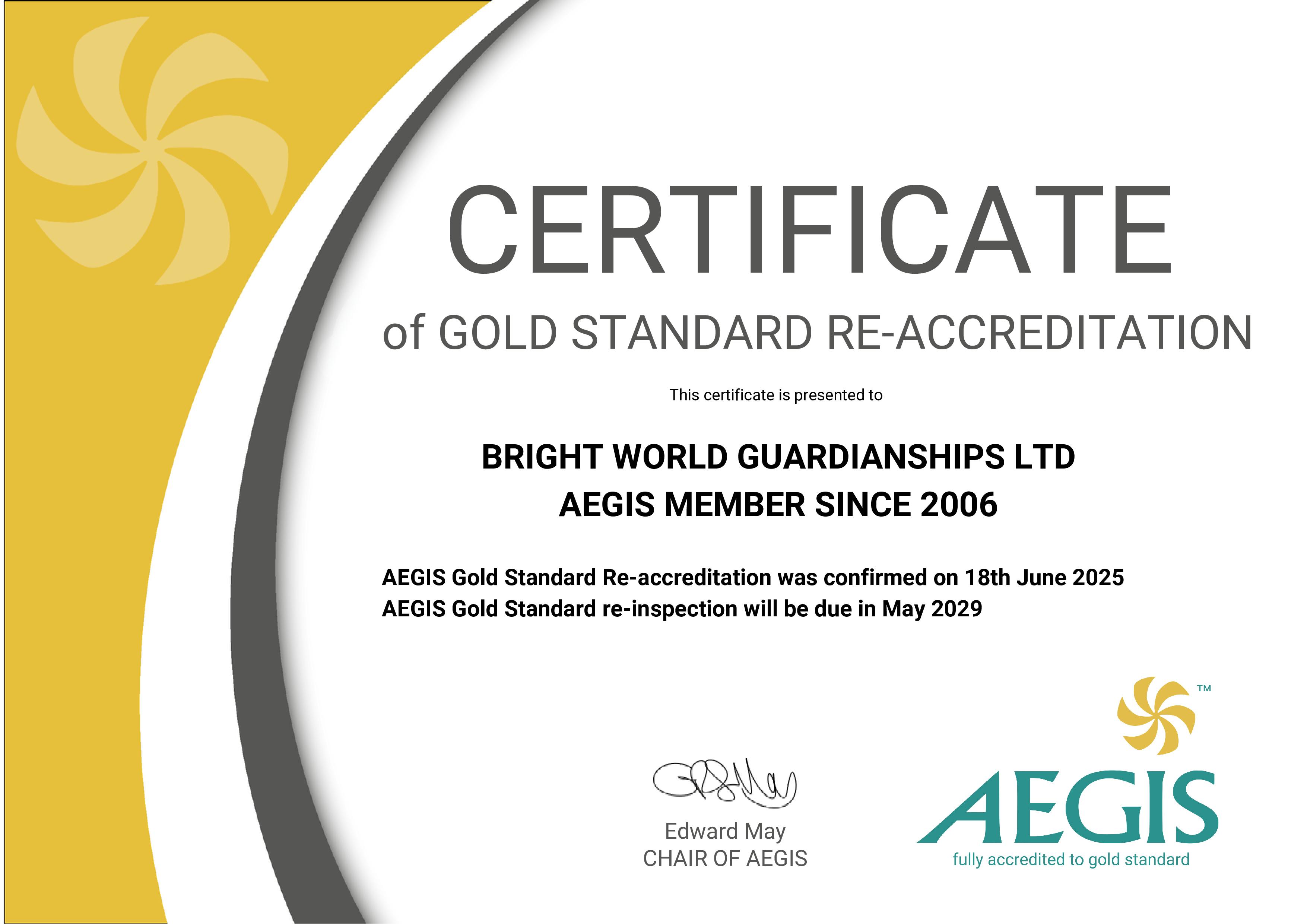 Bright World Gold Re-Accreditation Certificate 2025