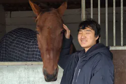a young boy petting a horse in a stable