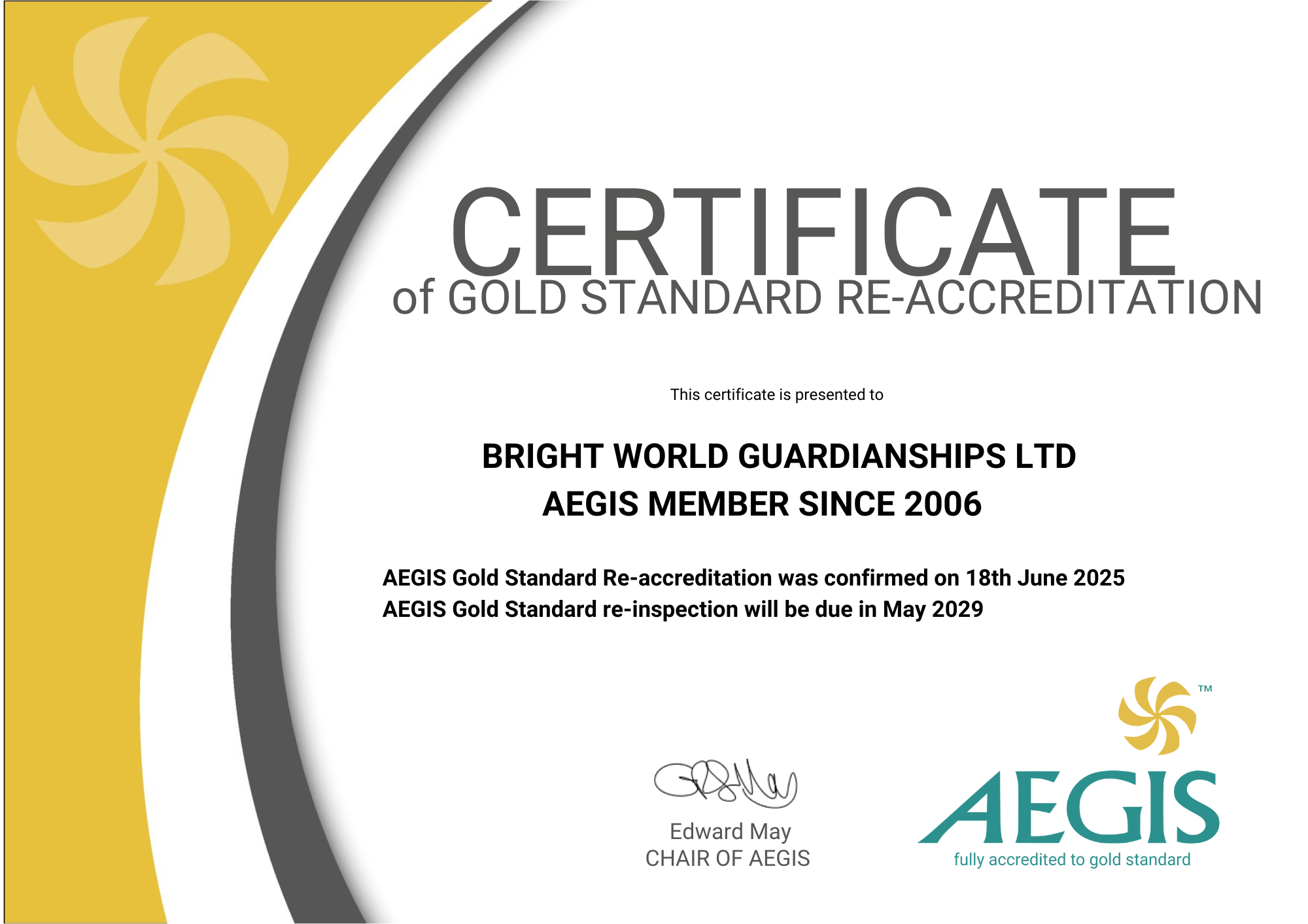 Bright World AEGIS Inspection Certificate 