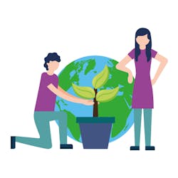 Children with a potted plant beside the planet