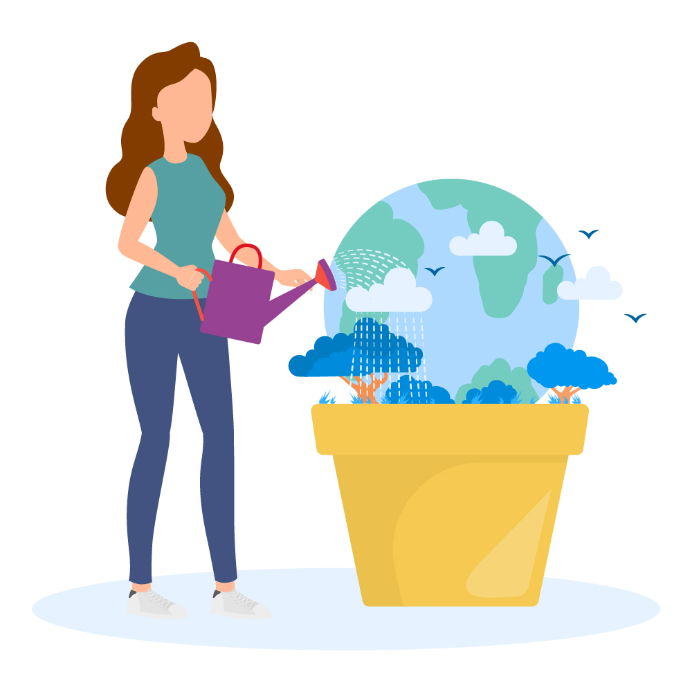 Girl watering a plantpot containing the globe